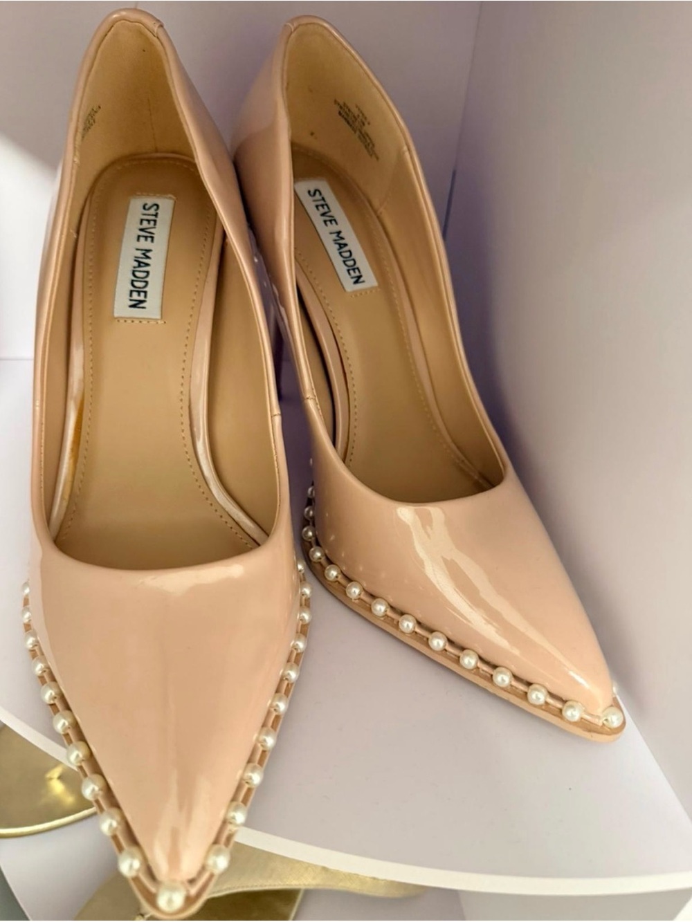 Steve Madden Blush Patent Pointed-Toe Pumps with Pearl Trim